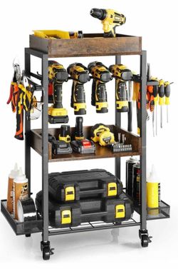 Power Tool Organizer Garage Storage Organization Shelving Tool Holder Drill Rack Shelf Rolling Cart Open Tool Chest Cabinet Box Organizer with Wheels 