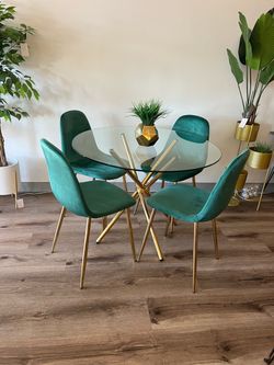 Round Glass Gold Dining Table and 4 Green Chairs