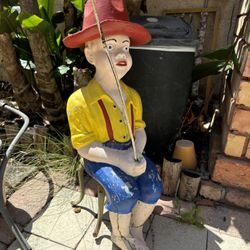 Antique White Boy Fishing Lawn Figure Statue