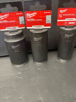 MILWAUKEE  1/2” DRIVE  DEEP IMPACT SOCKETS  1-1/4 “,   1-1/16”.,   1”.  New