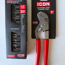 Icon 3/8” Professional Triple Square Impact Bit Socket Set (9 Piece) & Adjustable Joint Channel Plier