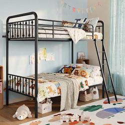 Convertible Twin Over Twin Bunk Bed,CPC Certified,Black Victorian Iron-Art Headboard and Footboard,Space-Saving Metal Bunk Bed with Guardrail & Ladder