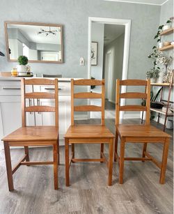 Set of 3 Kitchen IKEA  solid pine dining chairs, Size G35.5/H Seat 17.5/Seat L16/D16 $10 each