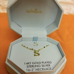 LETTER S PENDANT AND NECKLACE isabella 14KT GOLD PLATED STERLING SILVER 16+2* NECKLACE