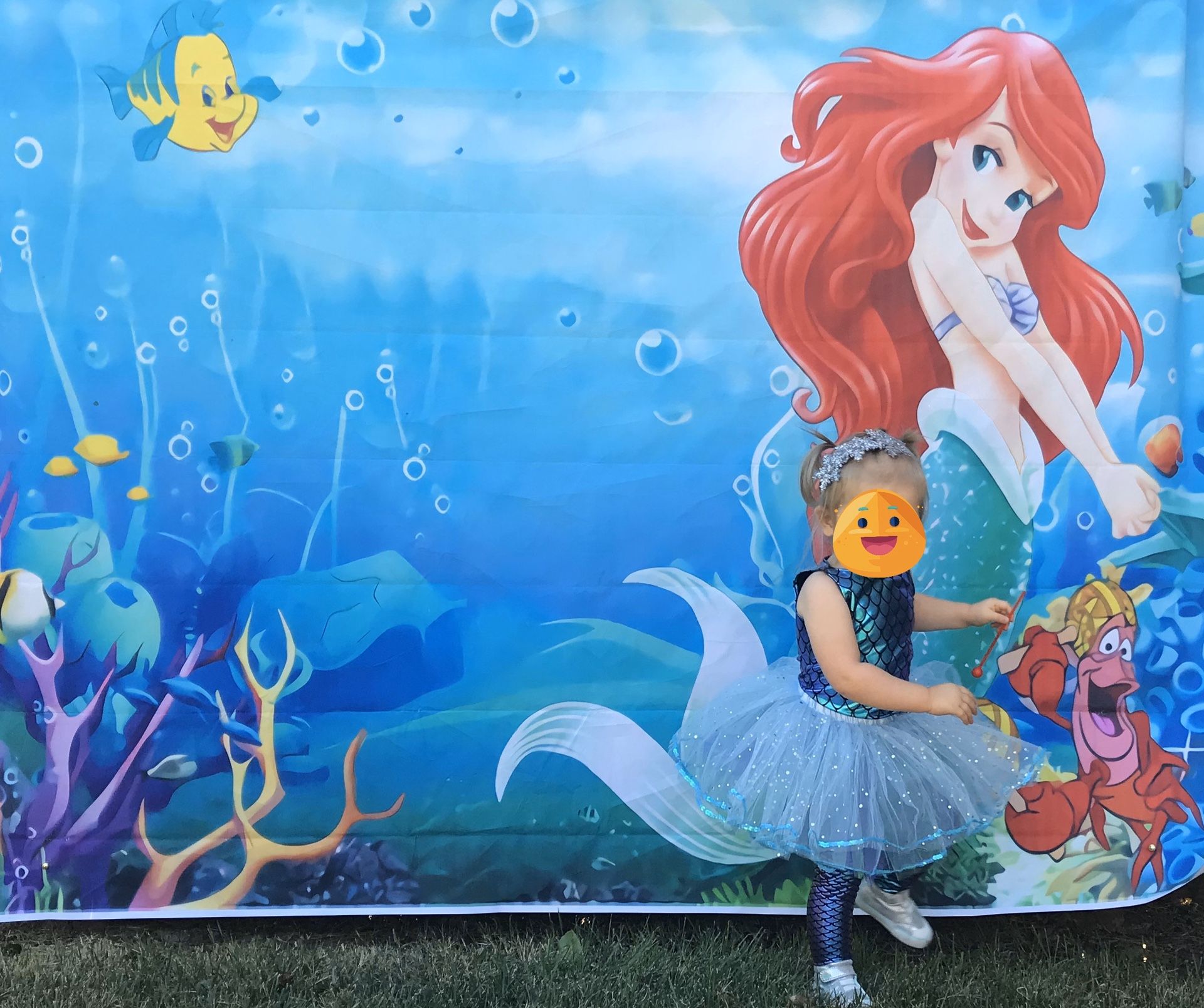 Little Mermaid Ariel birthday backdrop and t2 costume
