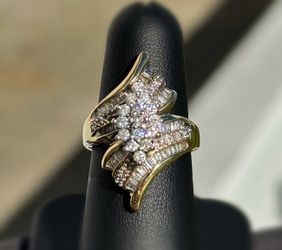 Jewelry 10k solid two tone yellow gold natural diamond baguette 2.50CTW waterfall cluster ring size 10.50
