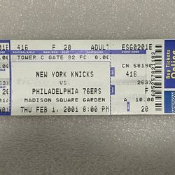 New York Knicks vs. Philadelphia 76ERS Unused Basketball Game Ticket 2001