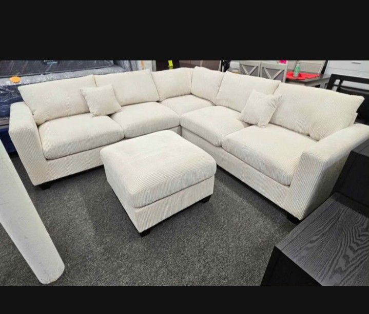 4-pc Sectional Sofa With Ottoman  Ivory Corduroy 