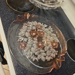 Mikasa Clear and Pink Crystal Floral Decorative Round Platter, Glossy Finish