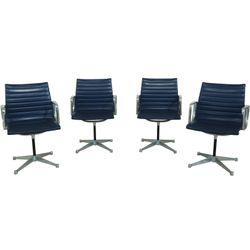 Herman Miller Eames Style Blue Leather Aluminum Chairs, Vintage Original (Set of 4)