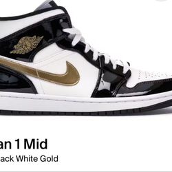 Air Jordan 1 Mid Patent Black White Gold Size 11