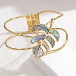 Gold Stainless Steel Inlaid Shell Maple Leaf Bracelet