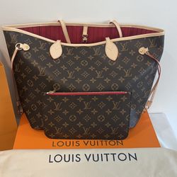 Authentic New Louis Vuitton Brown Monogram Cherry Red Interior Neverfull MM Handbag 