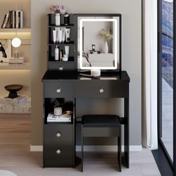 Black Vanity Makeup Desk w/ Lighted Mirror & Stool
