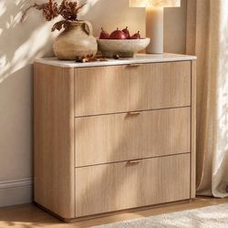 31.5" 3-Drawer Dresser Natural Oak Nightstand Faux Travertine Finish