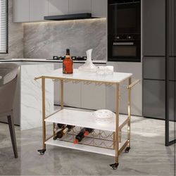 New AZL1 Life Concept Bar Serving Cart Bottle Storage and Wine Glass Rack-Faux Marble and Gold