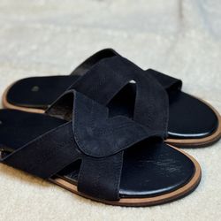 Black Genuine Suede Leather Slide Sandals Criss Cross Design Size-EU 43 US 10 