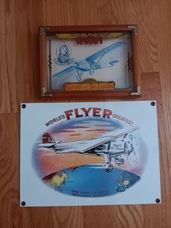 Vintage Advertising.  One Porcelain Sign and one  Advertising glass picture. Charles Linbergh Spirit of St. Louis Flight. 