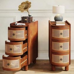 New assembled set of 2 Solid Wood End Table, 3-Drawer Rattan Side Table, Night Stand with 3 Rattan Drawers and Exquisite Embossed Handles for Living R