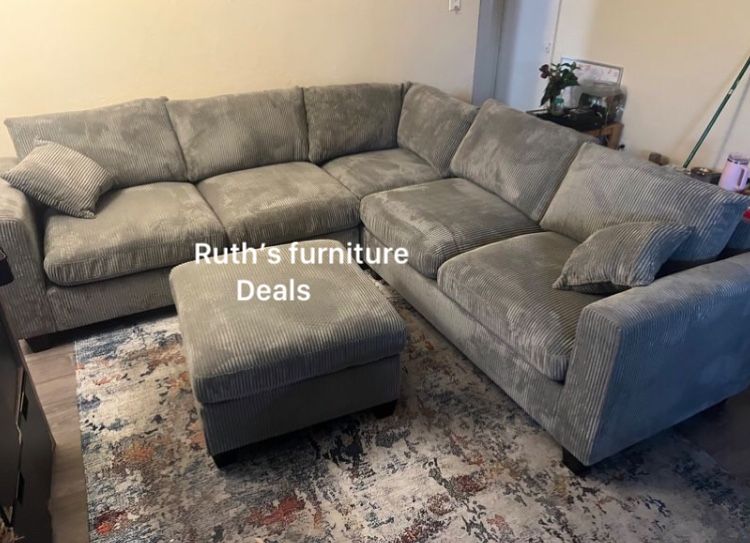 Grey Corduroy 4 pc Sectional Sofa With Ottoman New In Box,All Products : American Fashion Style Bags On Sale