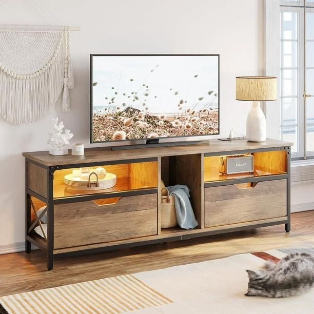 Bestier LED TV Stand for PS5 with Power Outlet and RGB Lights for 30-70 Inches TV, Modern Entertainment Center with Storage, TV Console with Glass She