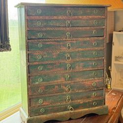 VINTAGE 20”tall GREEN WITH BRASS ACCENT ORGANIZER