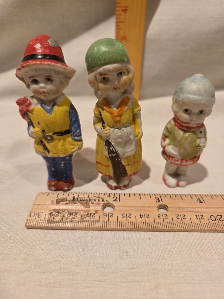 Tiny Dolls "Frozen Charlotte" Bisque Porcelain, Made In Japan, Hand Painted, Lot Of 3