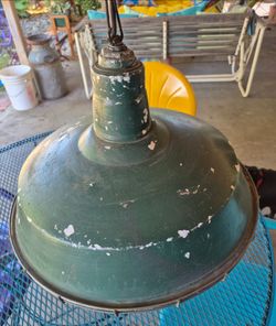 No 6 . Vintage green & white  Factory industrial lamp with cage 20"  round from panorama city,No 6 . Vintage green & white  Factory industrial lamp wi