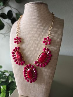 Hot Pink Statement Bib Necklace Gold Chain