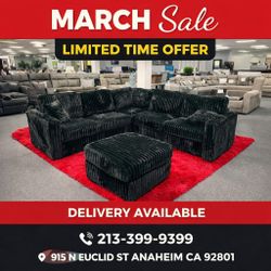 Black Jumbo Corduroy Sectional Sofa With Ottoman  99"W X 99" WX 34"H