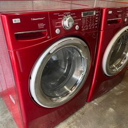 LG Red Front Loading Washer And Stackable Gas Dryer Set With Steam 