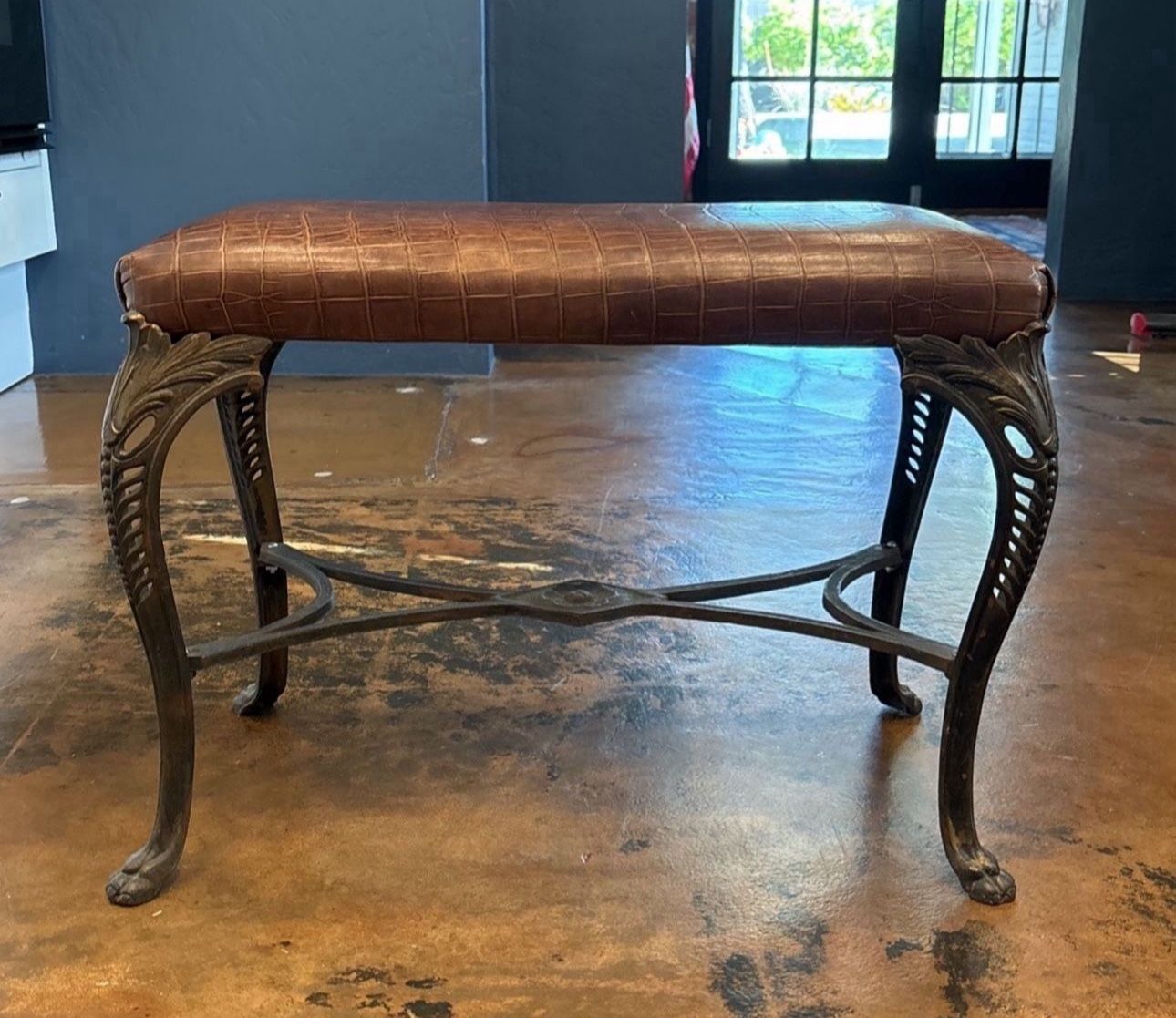 Cast Iron Bench Antique - Leather Upholstery