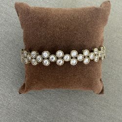 Judith Ripka Gold Washed Sterling Cuff Bracelet Clear Stones In good condition  Approx 2.75” in diameter and .5” wide