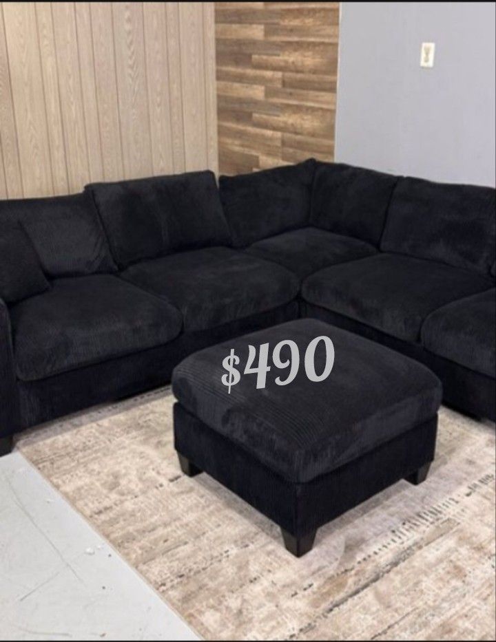 New Sectional 4-Pc Sofa With Ottoman  Black  Corduroy  Fabric 