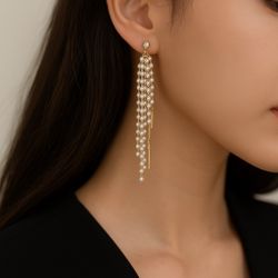Elegant Faux Pearl Dangle Earrings with Gold Chains – Layered Tassel Design