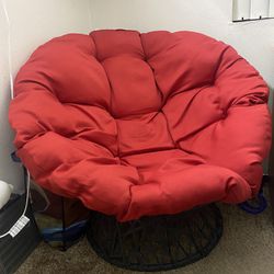 (Metal Steel Frame 360° Swivel) Lounge Chair w/ Red Cushion, Comfy Circle Moon Chair