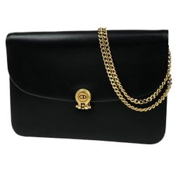 CHRISTIAN DIOR Logo Chain Shoulder Bag Leather Black