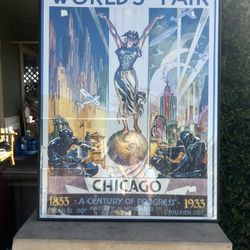 Big Vtg Art Deco 1933 Chicago Hosted World’s Fair Framed Poster w/Small Crack in Glass: