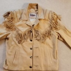 Diamond Leathers Vintage Tan Leather Button Western Fringe Jacket Women’s