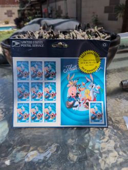 vintage 2001 United States Postal Service sheet featuring Looney Tunes Porky Pig "That's All Folks!" stamps.