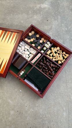 Wooden 7 In 1 Classic Game Set Chess Checkers Dominos Cribbage Backgammon Dice  