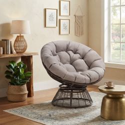 Upgraded Papasan Swivel Chair with Tufted Cushion Brown Frame Silver Cushion