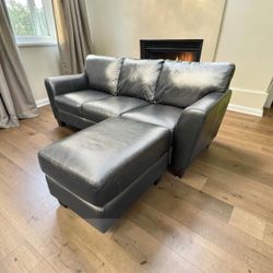 Black Leather Sectional Sofa with Chaise Ottoman 79”x57” long