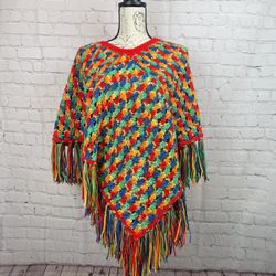 Vintage Handmade Multi-Color Rainbow Crochet Poncho Shawl One Size  Fringe