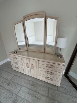 Vintage Light Oak Triple Dresser with Detachable Tri-Fold Mirror (70" Long)