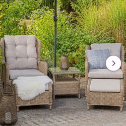 5 Pcs Poly Rattan Patio Conversation Set, Recliner & Ottoman with Coffee Side Table
