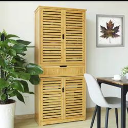 VEIKOUS Yellow Bamboo 30 in. W Kitchen Storage Pantry Cabinet Closet with Doors and removable Shelve