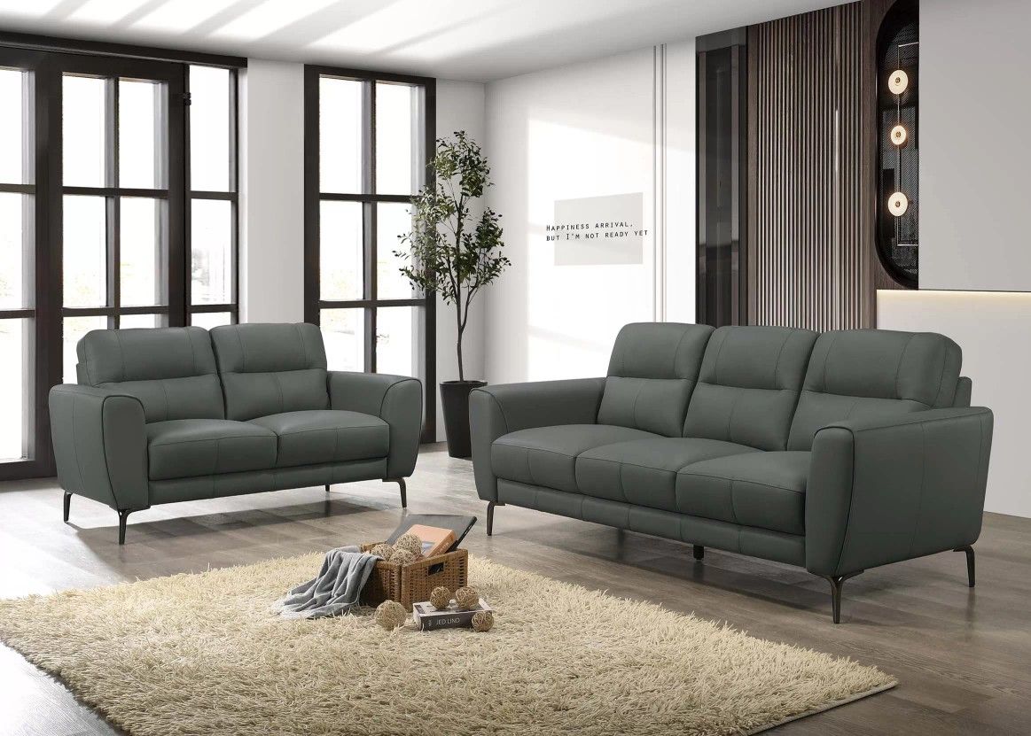 Brand New Grey Leather Modern Style Sofa & Loveseat