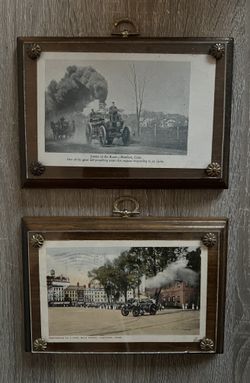 Set of 2 Framed Antique/Vintage Postcards of Fire Steam Engines in Hartford, CT