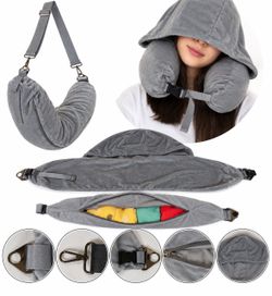 Stuffable Travel Neck Pillow with Hood Zipper Storage Bag & Adjustable Strap